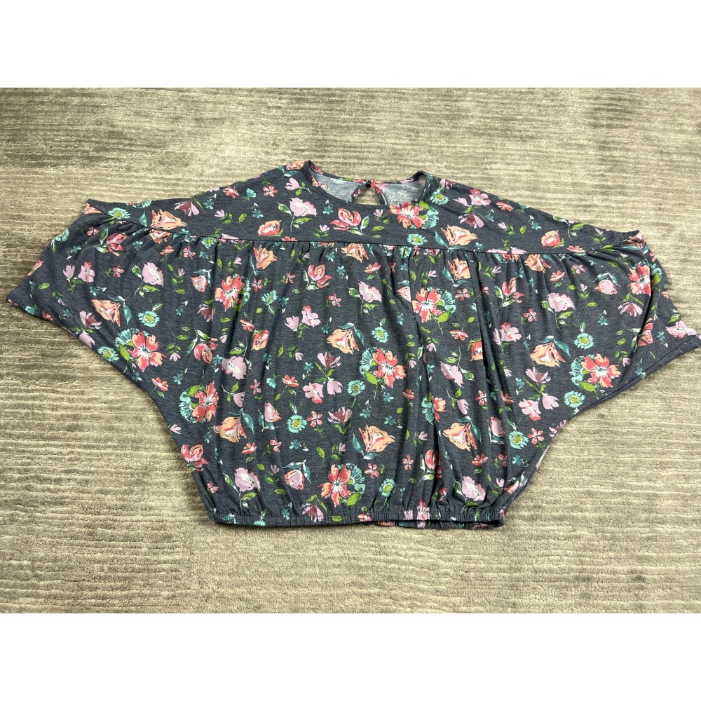 Time and Tru Top Womens M Navy Floral Print Dolman Sleeve Blouson TTL19014PR